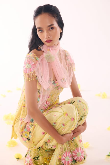 Show Shaa_Yellow Net Embroidery, Sequins, Mirrors Square Neck Floral Hand Kurta Set _Online_at_Aza_Fashions