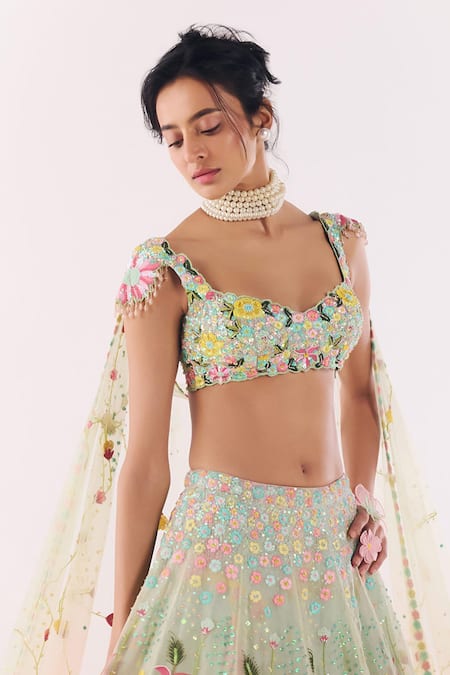 Show Shaa_Green Organza, Net Embroidery, Sequins Sweetheart Neck Floral Lehenga Set _Online_at_Aza_Fashions