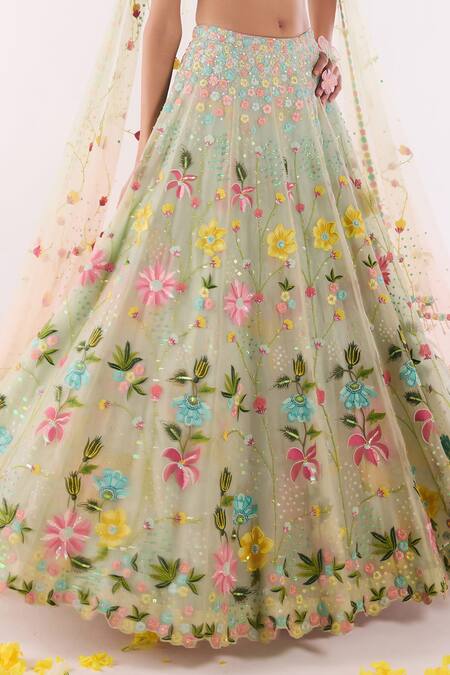 Shop_Show Shaa_Green Organza, Net Embroidery, Sequins Sweetheart Neck Floral Lehenga Set _Online_at_Aza_Fashions