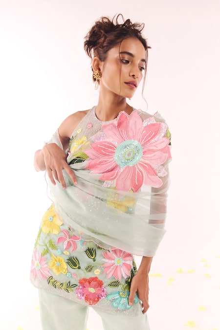 Show Shaa_Blue Organza Embroidery, Sequins Halter Neck Floral Kurta Set _Online_at_Aza_Fashions