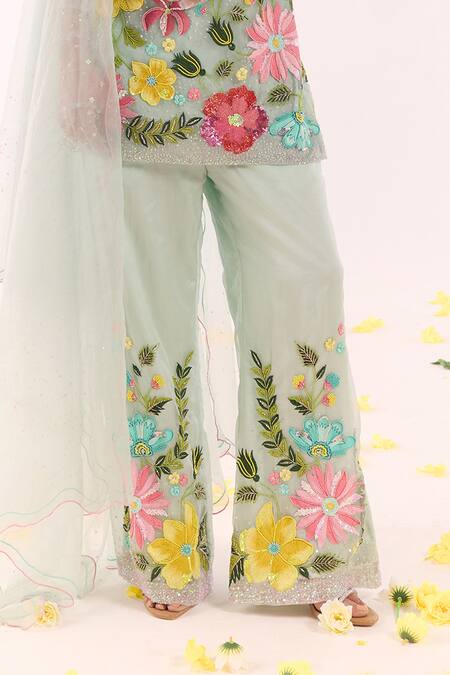 Buy_Show Shaa_Blue Organza Embroidery, Sequins Halter Neck Floral Kurta Set _Online_at_Aza_Fashions