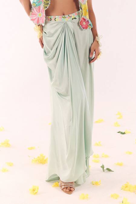 Show Shaa_Blue Organza, Satin Embroidery, Sequins Round Neck, Floral Jacket And Skirt Set _Online_at_Aza_Fashions