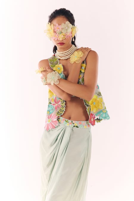 Buy_Show Shaa_Blue Organza, Satin Embroidery, Sequins Round Neck, Floral Jacket And Skirt Set _Online_at_Aza_Fashions