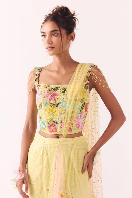 Show Shaa_Yellow Net Embroidery, Sequins, Stones Square Neck Floral Corset And Saree _Online_at_Aza_Fashions