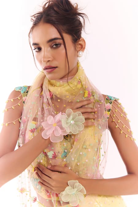 Buy_Show Shaa_Yellow Net Embroidery, Sequins, Stones Square Neck Floral Corset And Saree _Online_at_Aza_Fashions