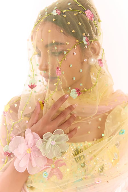 Shop_Show Shaa_Yellow Net Embroidery, Sequins, Stones Square Neck Floral Corset And Saree _Online_at_Aza_Fashions