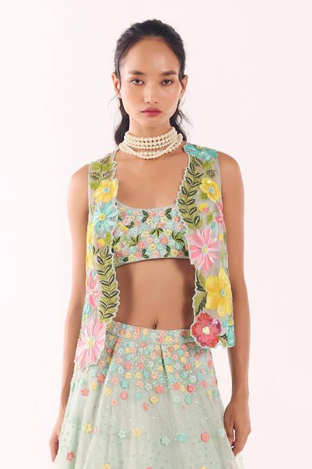 Buy_Show Shaa_Blue Organza Embroidery, Cut Work, Sequins Round Floral Jacket And Lehenga Set _Online_at_Aza_Fashions