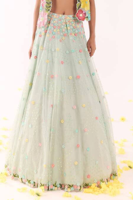 Shop_Show Shaa_Blue Organza Embroidery, Cut Work, Sequins Round Floral Jacket And Lehenga Set _Online_at_Aza_Fashions