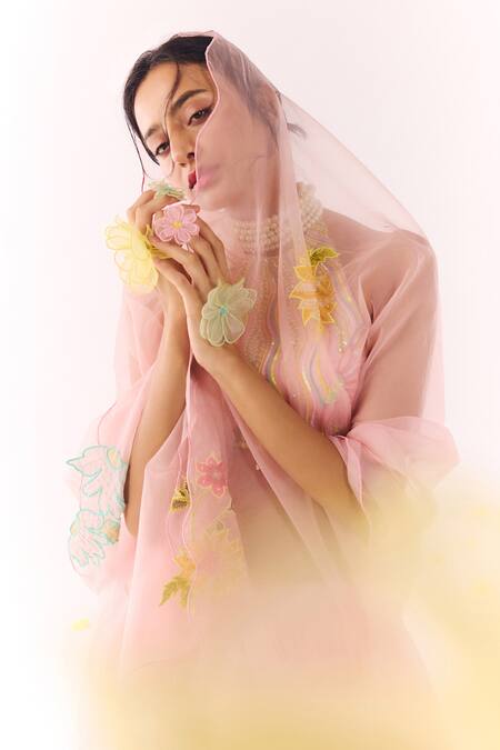 Show Shaa_Pink Satin, Organza Embroidery Halter Neck Pre-draped Saree And Blouse _Online_at_Aza_Fashions