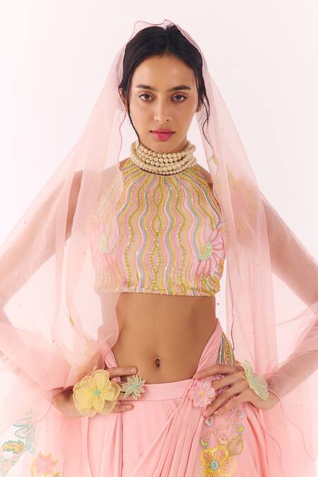 Buy_Show Shaa_Pink Satin, Organza Embroidery Halter Neck Pre-draped Saree And Blouse _Online_at_Aza_Fashions