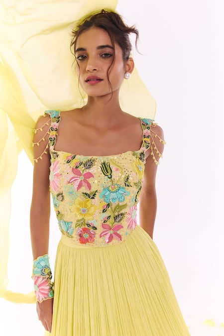 Buy_Show Shaa_Yellow Chiffon, Net Embroidery, Sequins, Floral Corset And Pleated Skirt Set _Online_at_Aza_Fashions