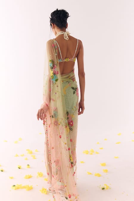 Show Shaa Ombre Floral Hand Embroidered Net Saree & Blouse 