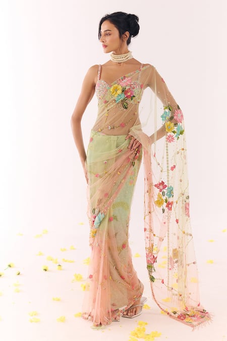 Show Shaa Ombre Floral Hand Embroidered Net Saree & Blouse 