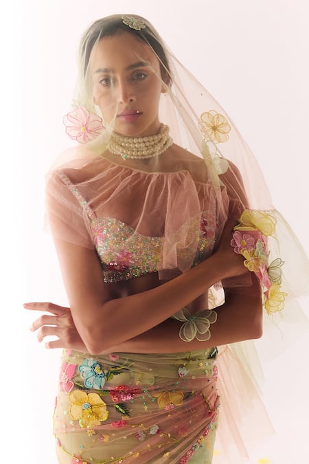 Buy_Show Shaa_Pink Net Embroidery, Sequins, Stones Ombre Floral Hand Saree And Blouse _Online_at_Aza_Fashions