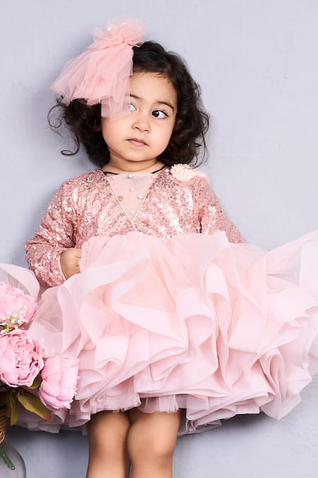 Pinkcow designs pvt ltd_Pink Net Sequins, Ruffles Dress _Online_at_Aza_Fashions
