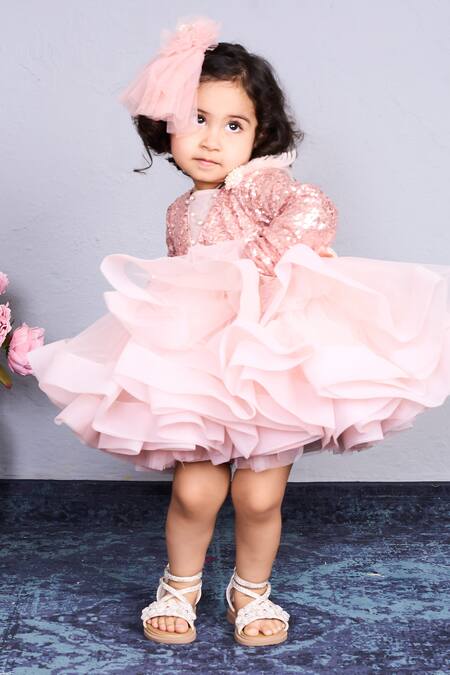 Buy_Pinkcow designs pvt ltd_Pink Net Sequins, Ruffles Dress _Online_at_Aza_Fashions