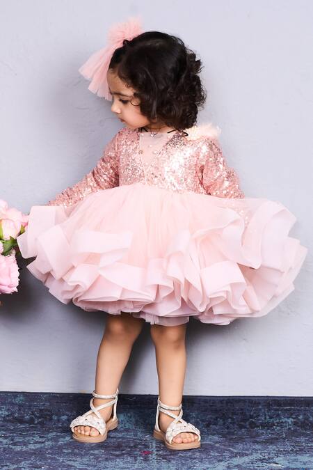 Pinkcow designs pvt ltd_Pink Net Sequins, Ruffles Dress _at_Aza_Fashions