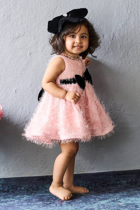 Buy_Pinkcow designs pvt ltd_Pink Fur, Velvet Bows Textured Embellished Dress _Online_at_Aza_Fashions