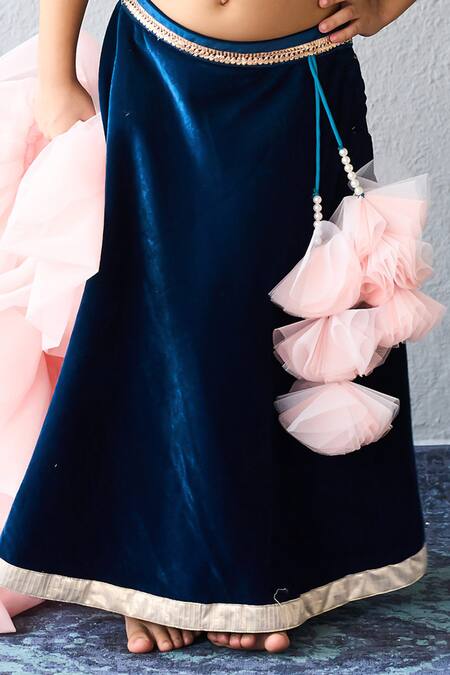 Pinkcow designs pvt ltd_Navy Velvet, Net Zari, Ruffles Lehenga Blouse Set _Online_at_Aza_Fashions