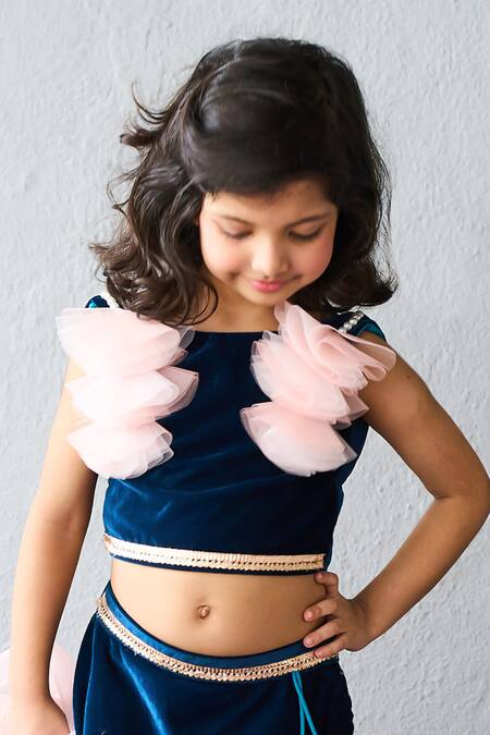 Buy_Pinkcow designs pvt ltd_Navy Velvet, Net Zari, Ruffles Lehenga Blouse Set _Online_at_Aza_Fashions