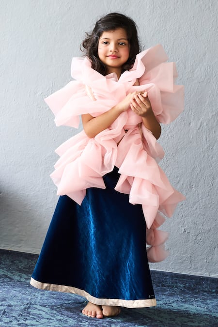 Pinkcow designs pvt ltd_Navy Velvet, Net Zari, Ruffles Lehenga Blouse Set _at_Aza_Fashions