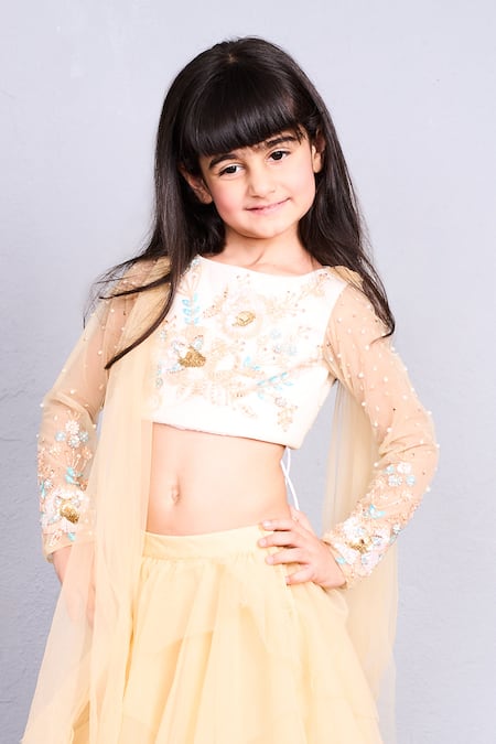 Pinkcow designs pvt ltd_Cream Net Embroidery, Beads Floral Crop Top And Skirt Set _Online_at_Aza_Fashions