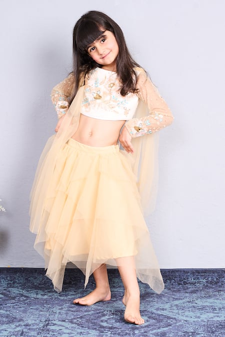 Shop_Pinkcow designs pvt ltd_Cream Net Embroidery, Beads Floral Crop Top And Skirt Set _Online_at_Aza_Fashions