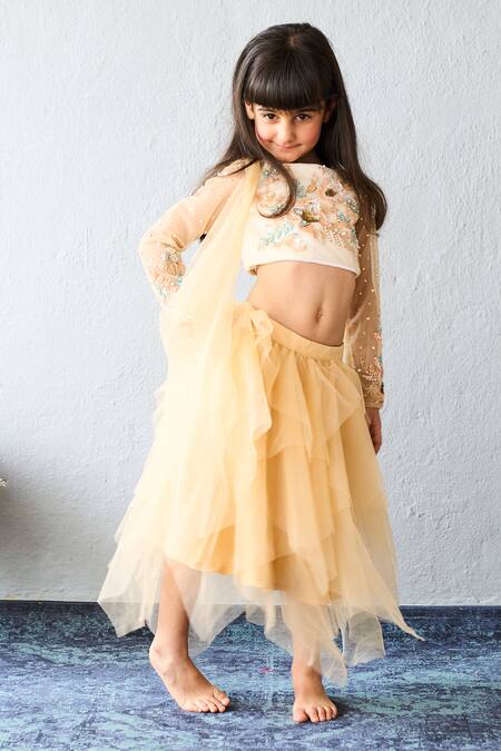 Buy_Pinkcow designs pvt ltd_Cream Net Embroidery, Beads Floral Crop Top And Skirt Set 