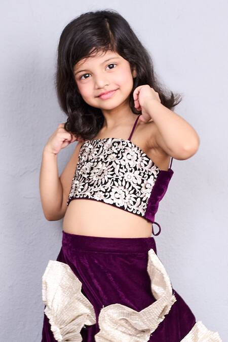 Pinkcow designs pvt ltd_Purple Velvet, Brocade Ruffles, Embroidery Lehenga Set _Online_at_Aza_Fashions