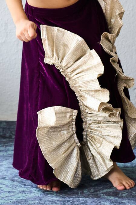 Shop_Pinkcow designs pvt ltd_Purple Velvet, Brocade Ruffles, Embroidery Lehenga Set _Online_at_Aza_Fashions