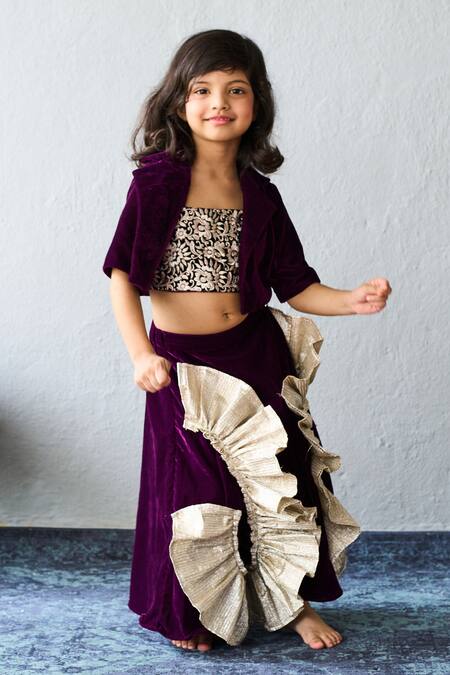 Pinkcow designs pvt ltd_Purple Velvet, Brocade Ruffles, Embroidery Lehenga Set _at_Aza_Fashions