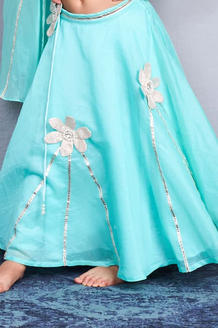 Buy_Pinkcow designs pvt ltd_Aqua Chanderi Applique, Sequins Floral Lehenga Set _Online_at_Aza_Fashions
