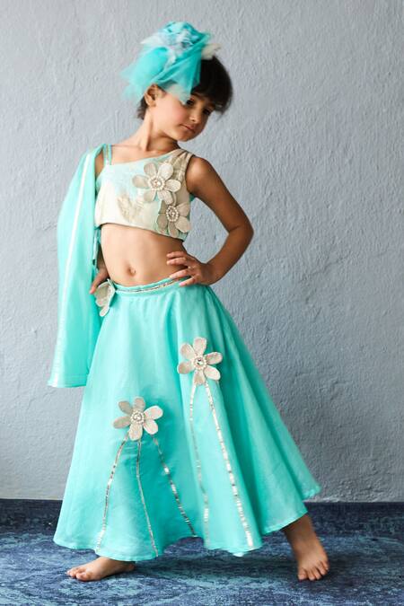 Shop_Pinkcow designs pvt ltd_Aqua Chanderi Applique, Sequins Floral Lehenga Set _Online_at_Aza_Fashions