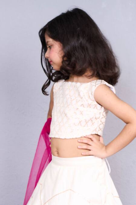 Pinkcow designs pvt ltd_Cream Net, Taffeta Embroidery Zigzag Lehenga And Blouse Set _Online_at_Aza_Fashions