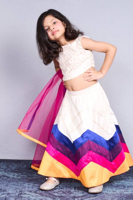 Shop_Pinkcow designs pvt ltd_Cream Net, Taffeta Embroidery Zigzag Lehenga And Blouse Set _Online_at_Aza_Fashions