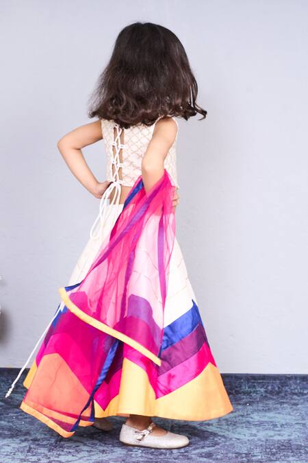 Pinkcow designs pvt ltd_Cream Net, Taffeta Embroidery Zigzag Lehenga And Blouse Set _at_Aza_Fashions