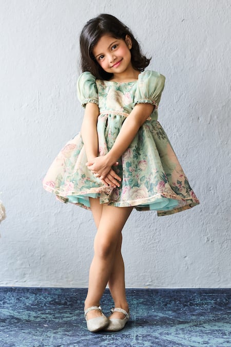 Buy_Pinkcow designs pvt ltd_Green Organza Lace Floral Print Puff Sleeve A-line Dress _Online_at_Aza_Fashions