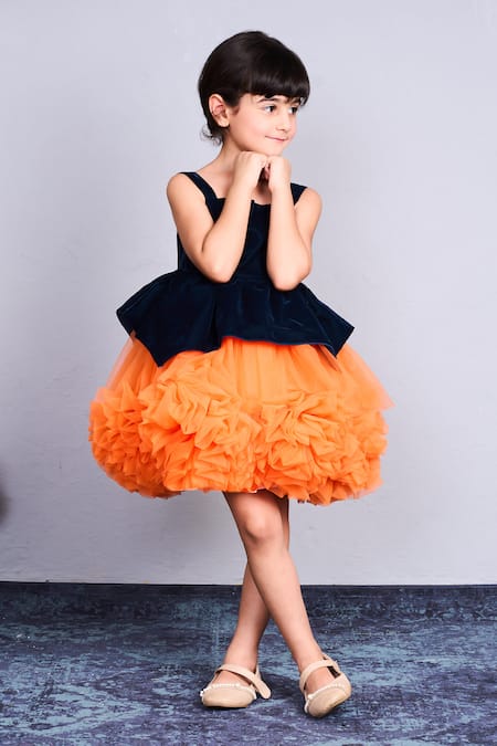 Pinkcow designs pvt ltd_Orange Velvet, Net Ruffles And Tulle Peplum Dress _Online_at_Aza_Fashions