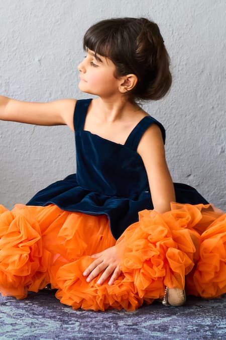 Buy_Pinkcow designs pvt ltd_Orange Velvet, Net Ruffles And Tulle Peplum Dress _Online_at_Aza_Fashions
