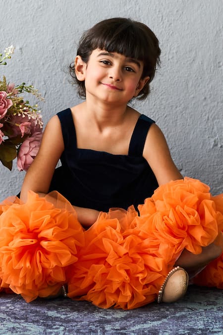 Shop_Pinkcow designs pvt ltd_Orange Velvet, Net Ruffles And Tulle Peplum Dress _Online_at_Aza_Fashions