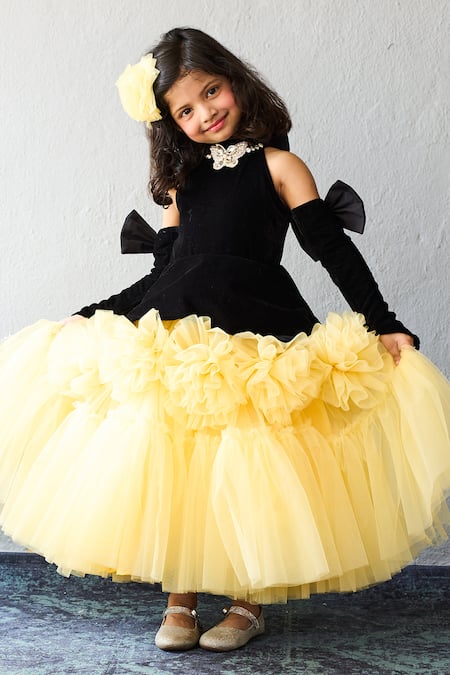 Buy_Pinkcow designs pvt ltd_Black Velvet, Net Brooches, Ruffles, Bows Cold-shoulder And Tulle Rosette Gown _Online_at_Aza_Fashions