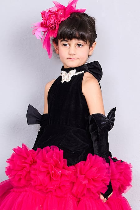 Pinkcow designs pvt ltd Black Velvet, Net Bows, Fabric Flowers And Tulle Rosette Embroidered Dress Online at Aza Fashions Pinkcow designs pvt ltd_Black Velvet, Net Bows, Fabric Flowers And Tulle Rosette Embroidered Dress _Online_at_Aza_Fashions