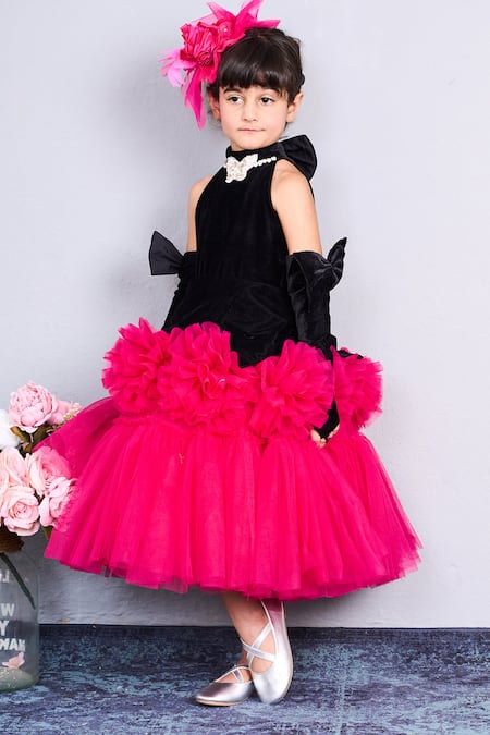 Pinkcow designs pvt ltd Velvet & Tulle Rosette Embroidered Dress 
