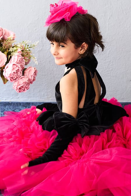 Buy Pinkcow designs pvt ltd Black Velvet, Net Bows, Fabric Flowers And Tulle Rosette Embroidered Dress Online at Aza Fashions Buy_Pinkcow designs pvt ltd_Black Velvet, Net Bows, Fabric Flowers And Tulle Rosette Embroidered Dress _Online_at_Aza_Fashions