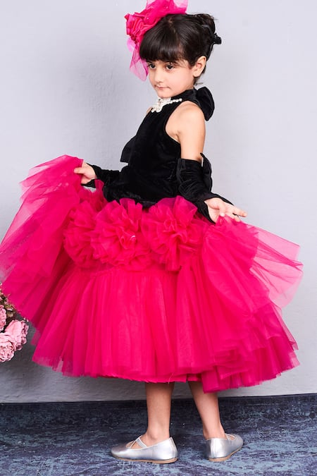 Pinkcow designs pvt ltd Black Velvet, Net Bows, Fabric Flowers And Tulle Rosette Embroidered Dress at Aza Fashions Pinkcow designs pvt ltd_Black Velvet, Net Bows, Fabric Flowers And Tulle Rosette Embroidered Dress _at_Aza_Fashions