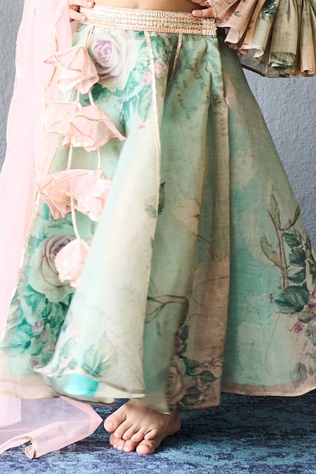 Buy_Pinkcow designs pvt ltd_Mint Organza, Net Applique, Embroidery Floral Print Lehenga Blouse And Dupatta Set _Online_at_Aza_Fashions