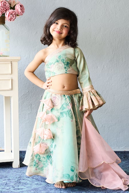Shop_Pinkcow designs pvt ltd_Mint Organza, Net Applique, Embroidery Floral Print Lehenga Blouse And Dupatta Set _Online_at_Aza_Fashions