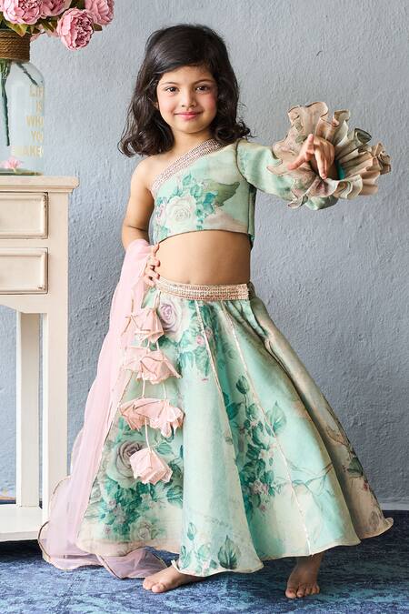Pinkcow designs pvt ltd_Mint Organza, Net Applique, Embroidery Floral Print Lehenga Blouse And Dupatta Set _at_Aza_Fashions