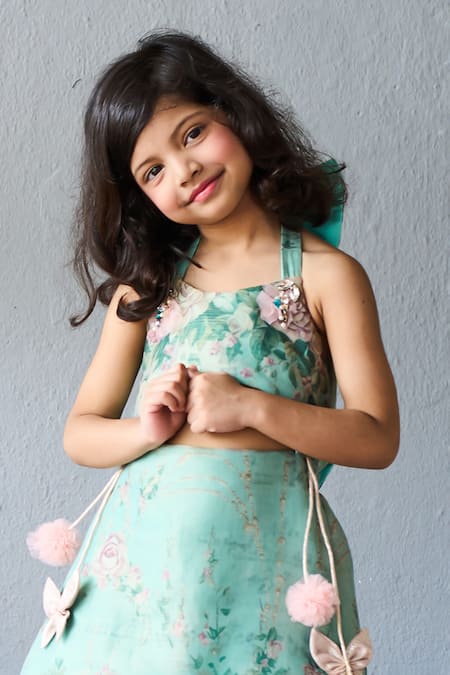 Pinkcow designs pvt ltd_Mint Organza Fabric Flowers, Bows Floral Print Halter Neck Frock _Online_at_Aza_Fashions
