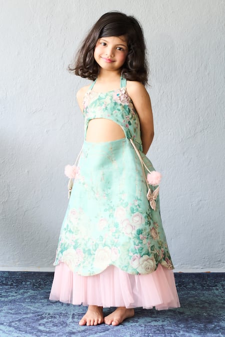Buy_Pinkcow designs pvt ltd_Mint Organza Fabric Flowers, Bows Floral Print Halter Neck Frock _Online_at_Aza_Fashions